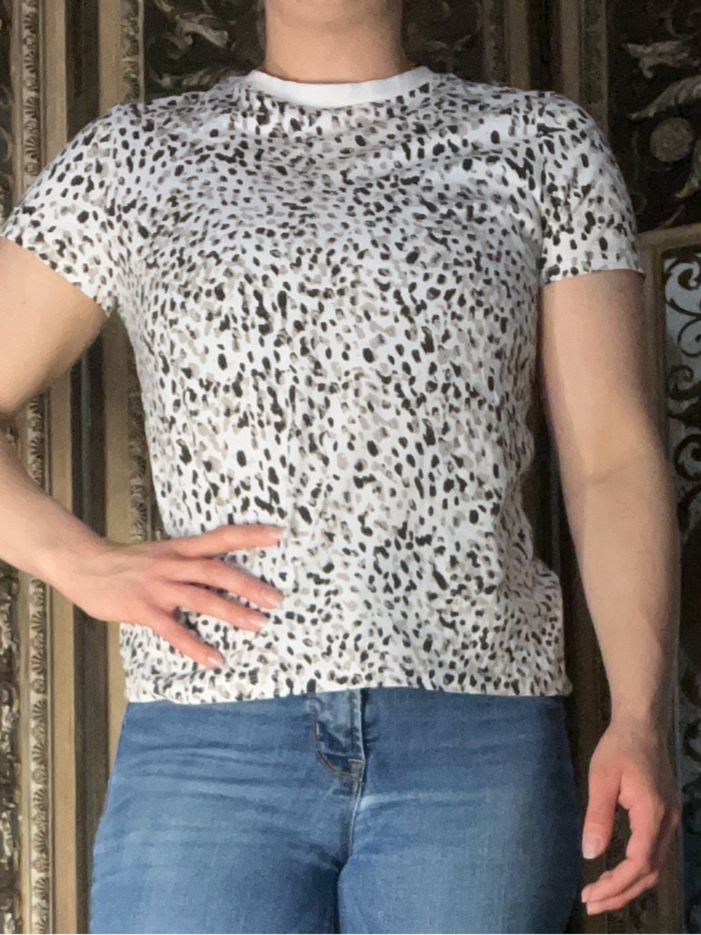 Primark White Short-Sleeve Leopard Print Crewneck Top